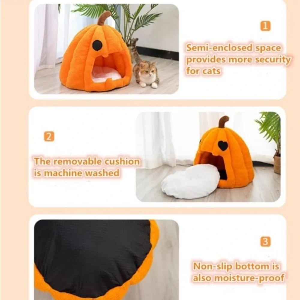 Cozy Halloween Pumpkin Pet Bed Plush, Thickened Warmth For Cats & Small Dogs